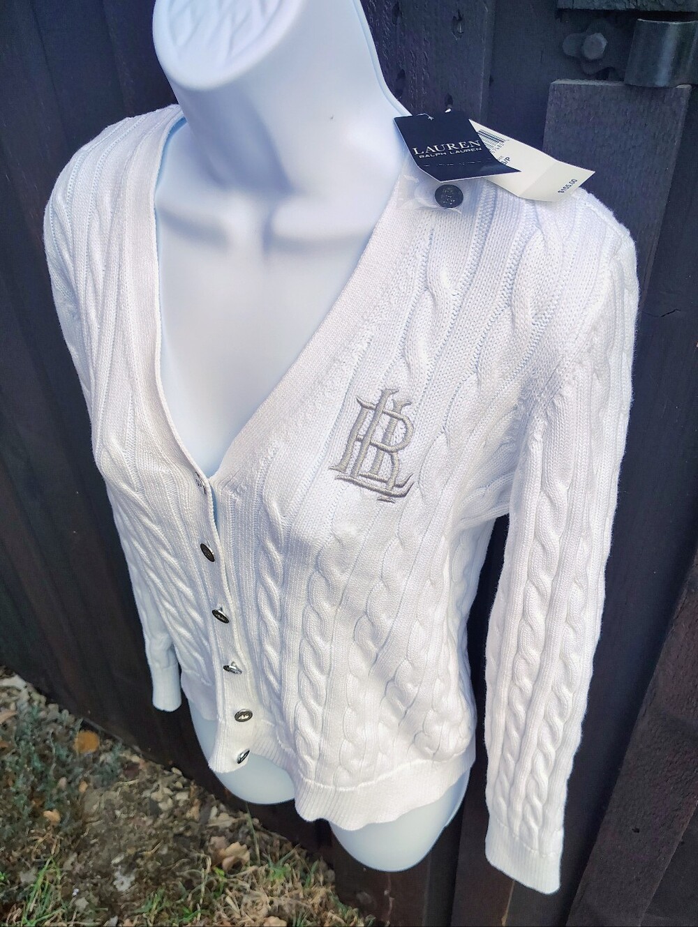 Ralph Lauren White Cable-Knit V-Neck Cardigan with Embroidered Logo